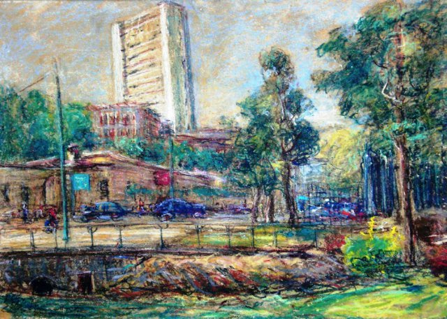 piazza della Repubblica mIlano 1955 cm 50x70 pastello su compensato